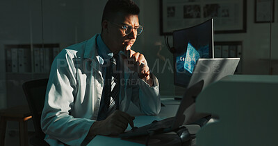 Buy stock photo Laptop, thinking and man in lab at night for medical research, innovation and vaccine development. Healthcare, pharmaceutical and scientist on computer for medicine, breakthrough and discovery