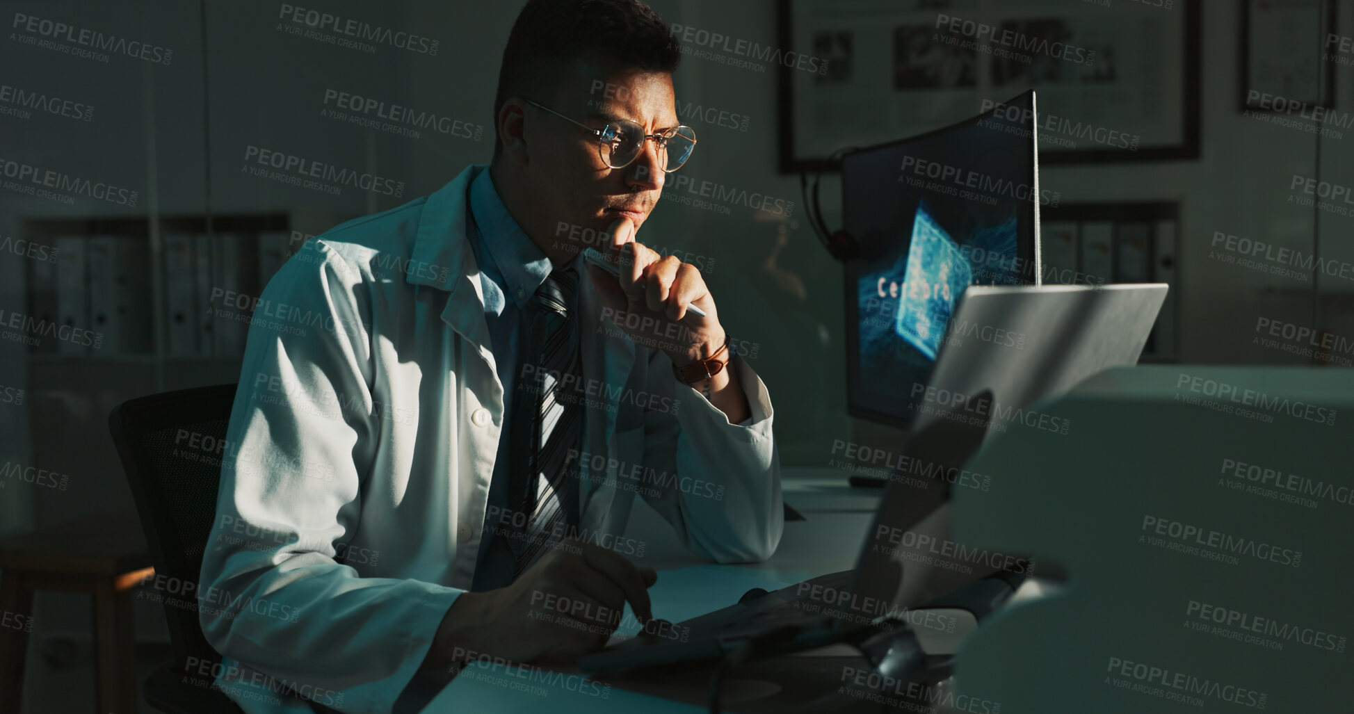 Buy stock photo Laptop, thinking and man in lab at night for medical research, innovation and vaccine development. Healthcare, pharmaceutical and scientist on computer for medicine, breakthrough and discovery