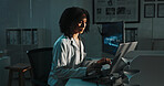 Engineer, computer and woman in lab at night for pathology research, innovation and vaccine development. Healthcare, biotechnology and scientist on laptop for investigation, breakthrough or discovery