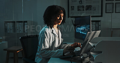 Buy stock photo Engineer, computer and woman in lab at night for pathology research, innovation and vaccine development. Healthcare, biotechnology and scientist on laptop for investigation, breakthrough or discovery