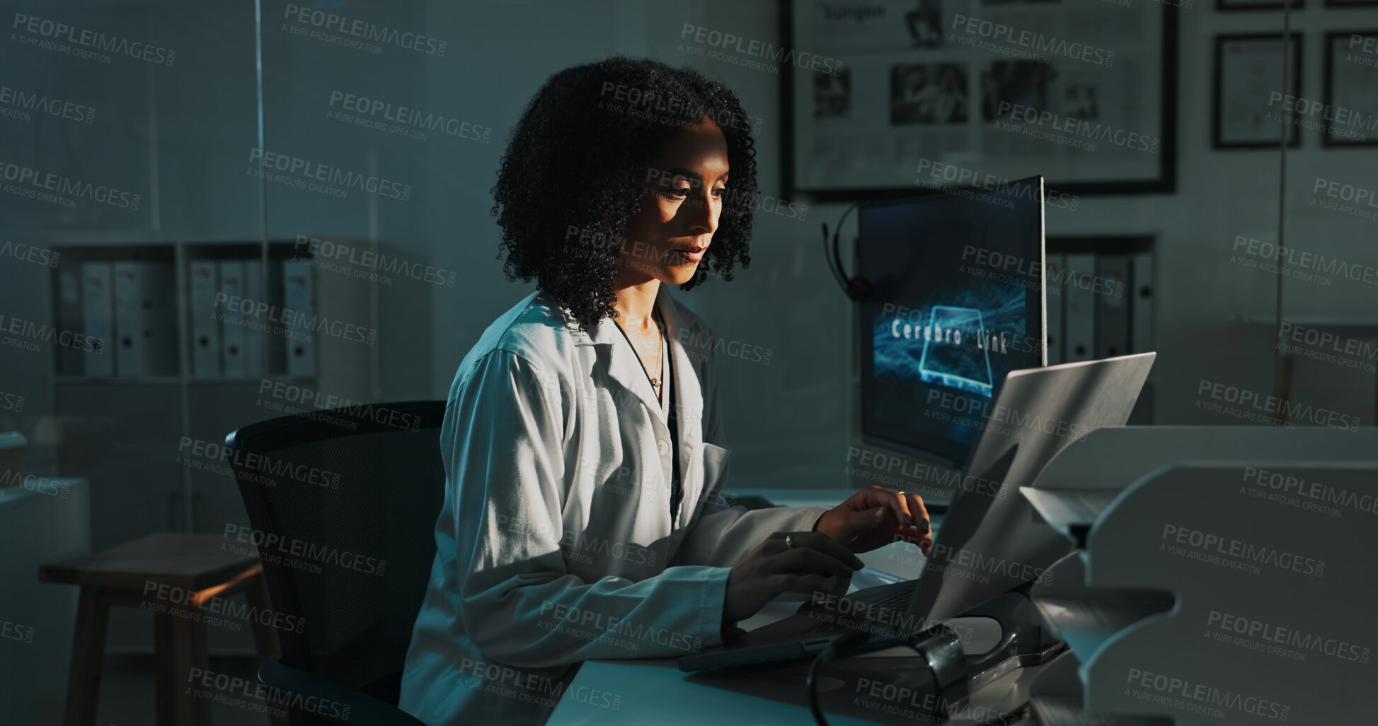 Buy stock photo Engineer, computer and woman in lab at night for pathology research, innovation and vaccine development. Healthcare, biotechnology and scientist on laptop for investigation, breakthrough or discovery