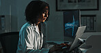 Science, laptop and African woman in lab at night for medical research, innovation and vaccine development. Healthcare, biotechnology and scientist on computer for results, breakthrough and discovery