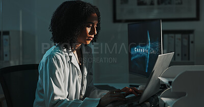 Buy stock photo Science, laptop and African woman in lab at night for medical research, innovation and vaccine development. Healthcare, biotechnology and scientist on computer for results, breakthrough and discovery