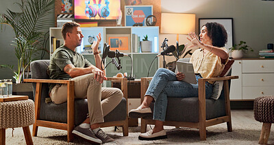 Buy stock photo Men, lounge and podcast with mic, conversation and home studio with listen for live streaming on social media. People, presenter and interview with discussion, story or review for culture on web show