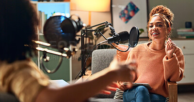 Buy stock photo Guest, women and podcast interview with microphone for live streaming, talk show and content creation. On air, radio presenter and happy in studio for social discussion, media recording and broadcast