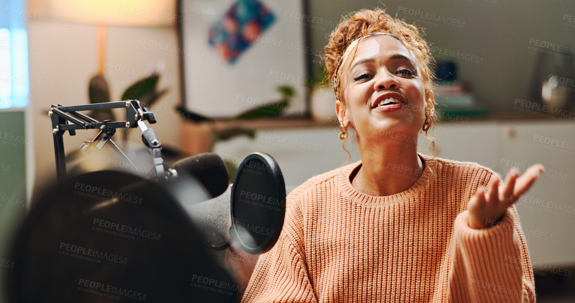 Buy stock photo Host, podcast and woman with microphone in portrait for live streaming, talk show and audio recording. Content creator, radio presenter and happy with online discussion and broadcast in home studio
