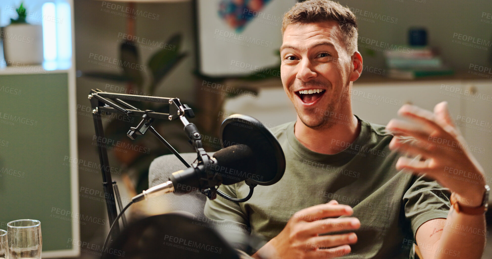 Buy stock photo Host, podcast and man with microphone in portrait for live streaming, talk show or audio recording. Content creator, radio presenter and happy with online discussion and news broadcast in home studio