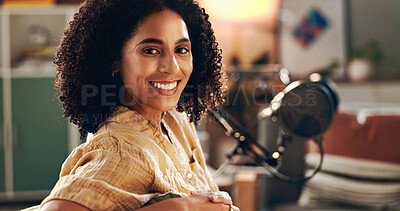 Buy stock photo Woman, portrait and mic for podcast recording, talk show and happy for production in home studio. Person, influencer and content creator with audio for voice, interview or presentation in Colombia