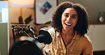 Woman, smile and mic for podcast recording, talk show or excited for production in home studio. Person, influencer and content creator with audio tech for voice, interview or presentation in Colombia
