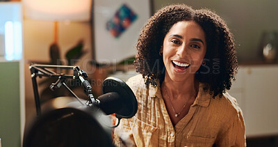Buy stock photo Woman, smile and mic for podcast recording, talk show or excited for production in home studio. Person, influencer and content creator with audio tech for voice, interview or presentation in Colombia