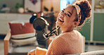Woman, happy and mic for podcast recording, talk show or excited for production in home studio. Person, influencer and content creator with audio tech for voice, interview or presentation in Colombia