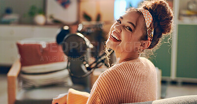 Buy stock photo Woman, happy and mic for podcast recording, talk show or excited for production in home studio. Person, influencer and content creator with audio tech for voice, interview or presentation in Colombia