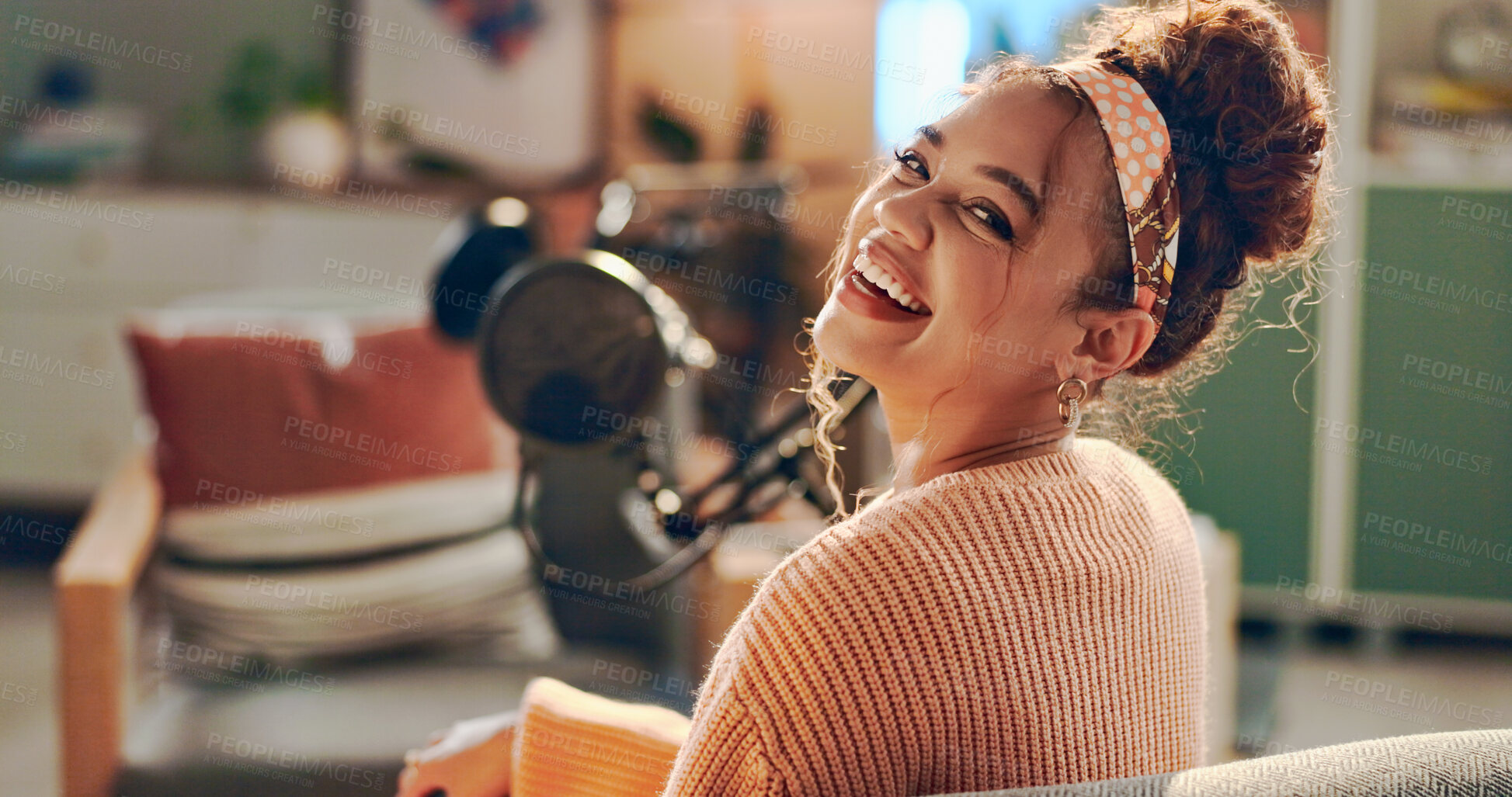 Buy stock photo Woman, happy and mic for podcast recording, talk show or excited for production in home studio. Person, influencer and content creator with audio tech for voice, interview or presentation in Colombia