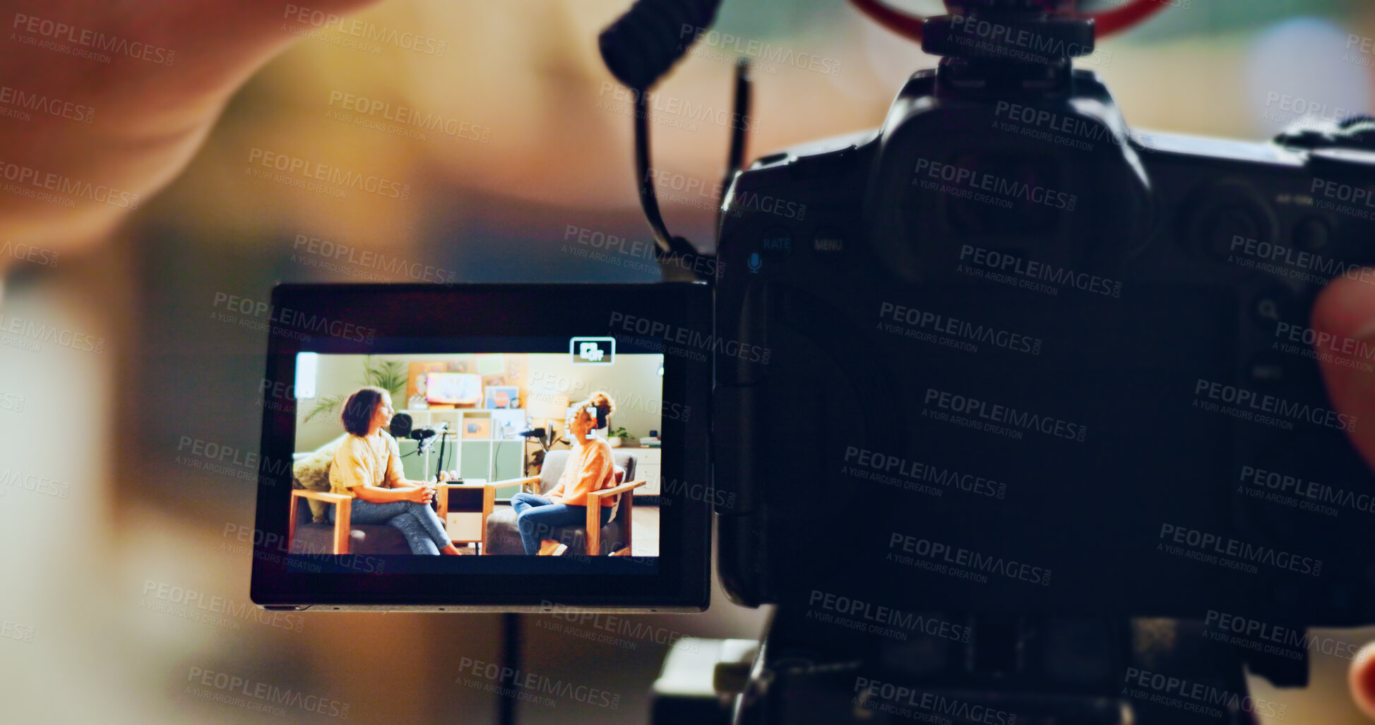 Buy stock photo Hands, camera and recording people for podcast talk show, live streaming and hosting broadcast. Screen, presenter and video interview for content creator, radio news and information update in studio