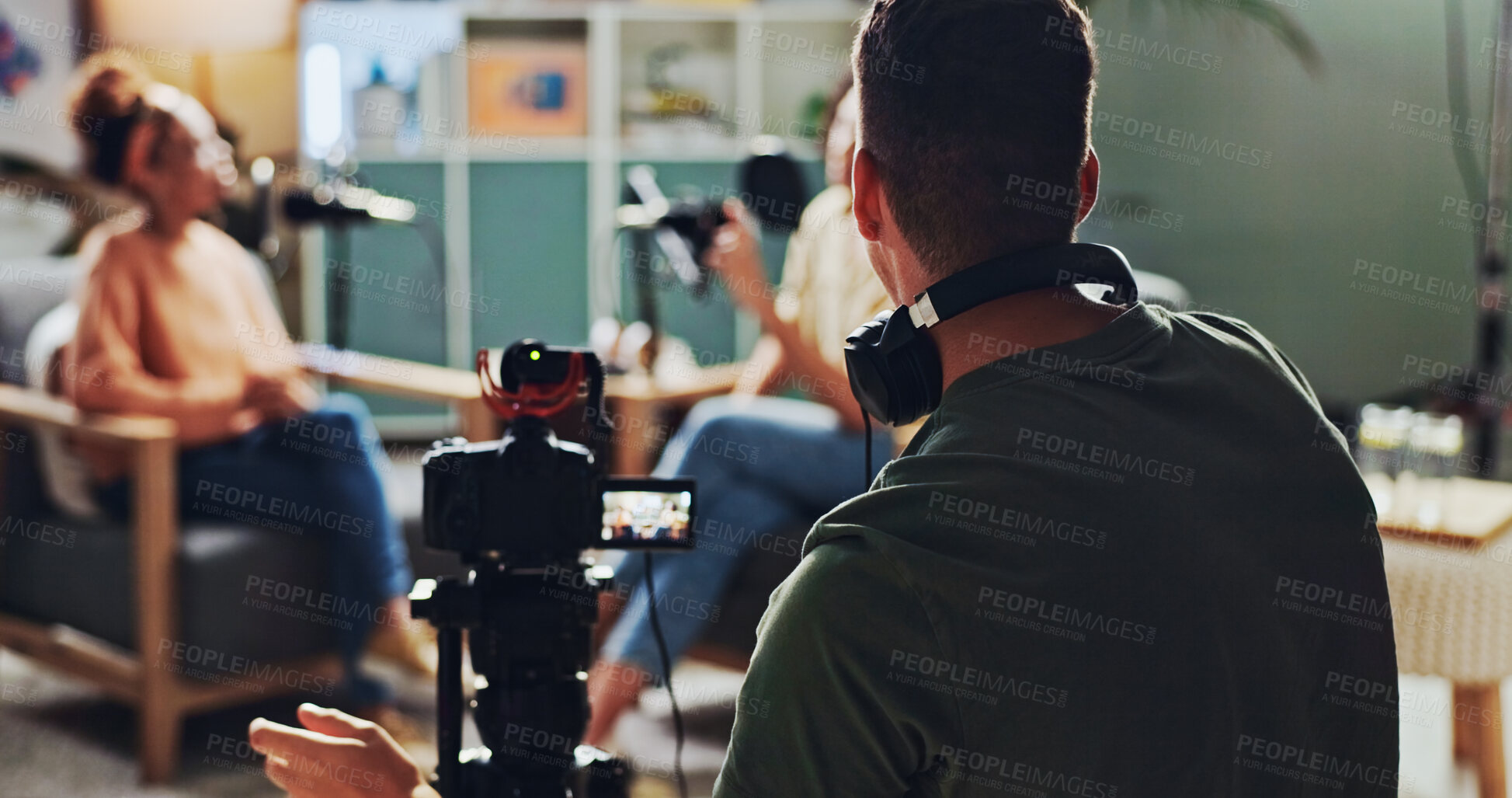 Buy stock photo Camera, podcast and streaming with director in studio for videography or live broadcast on air. Content creation, interview and recording with people on production set for creative collaboration