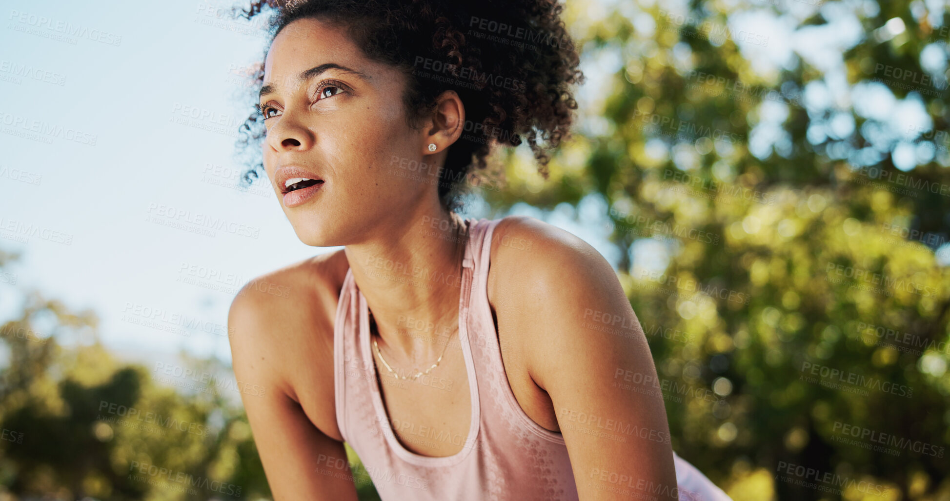 Buy stock photo Woman, tired and fitness in park with break, breathing or perspective for exercise in summer. Person, reflection and outdoor in nature for workout, wellness and stop for rest with fatigue in Colombia
