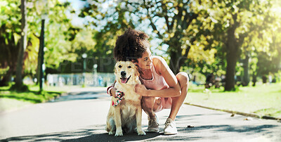 Buy stock photo Woman, walk and dog in park, hug and break for fitness with care, smile or outdoor in summer with loyalty. Person, animal or pet labrador on path for rest, bonding and training for wellness in Brazil