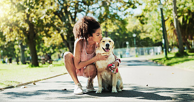 Buy stock photo Woman, walk and dog in park, kiss and break for fitness with care, hug and outdoor in summer with loyalty. Person, animal or pet labrador on path for rest, bonding and training for wellness in Brazil