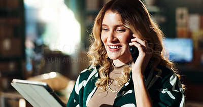 Buy stock photo Logistics, phone call and tablet with woman in office for delivery or shipping schedule. Conversation, online order and supply chain with happy person in depot or warehouse for ecommerce tracking