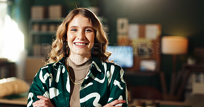 Buy stock photo Arms crossed, logistics and portrait with woman in office of warehouse for delivery or shipping. Business, retail and supply chain with happy person in depot for ecommerce, export or import 