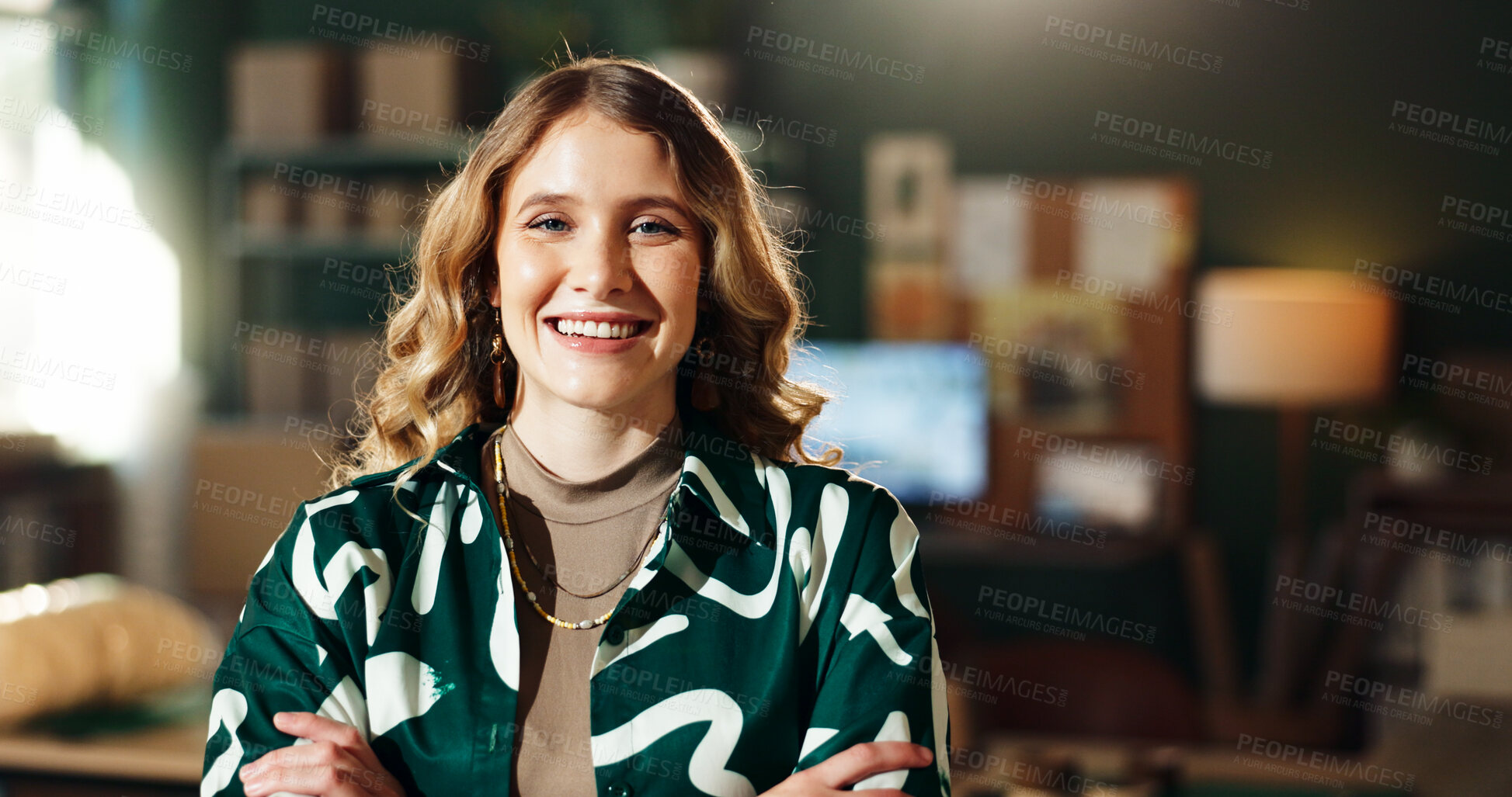 Buy stock photo Arms crossed, logistics and portrait with woman in office of warehouse for delivery or shipping. Business, retail and supply chain with happy person in depot for ecommerce, export or import 