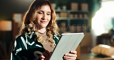 Buy stock photo Delivery, small business and woman typing on tablet for inventory management, package export or shipping. Online shop, logistics or person with order app for dropshipping, digital receipt or planning