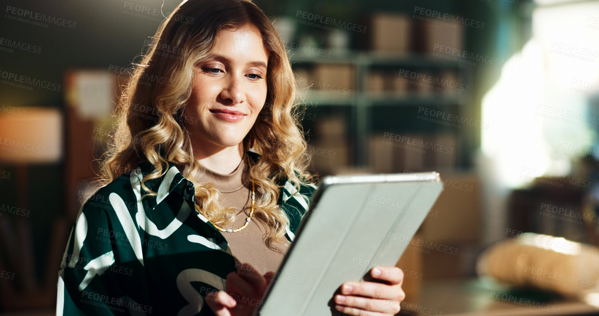 Buy stock photo Delivery, small business and woman typing on tablet for inventory management, package export or shipping. Online shop, logistics or person with order app for dropshipping, digital receipt or planning