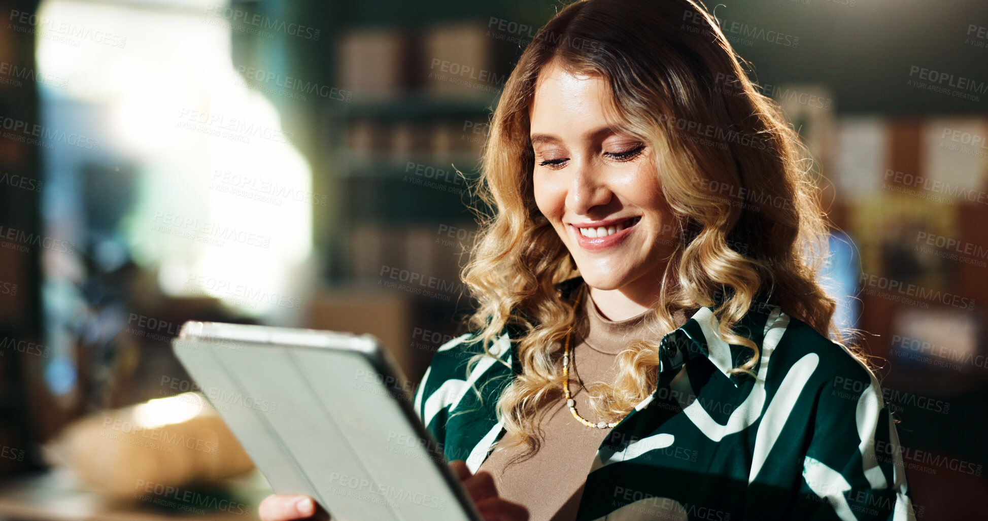Buy stock photo Online shop, tablet and woman with smile at small business for supply chain, product order and digital invoice. Ecommerce, logistics or startup owner with reading website review and delivery tracking