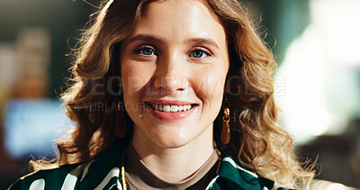 Buy stock photo Portrait, smile and creative business woman, journalist reporter and writer in publication office. Face, startup and happy professional news editor, author and confident employee working in USA