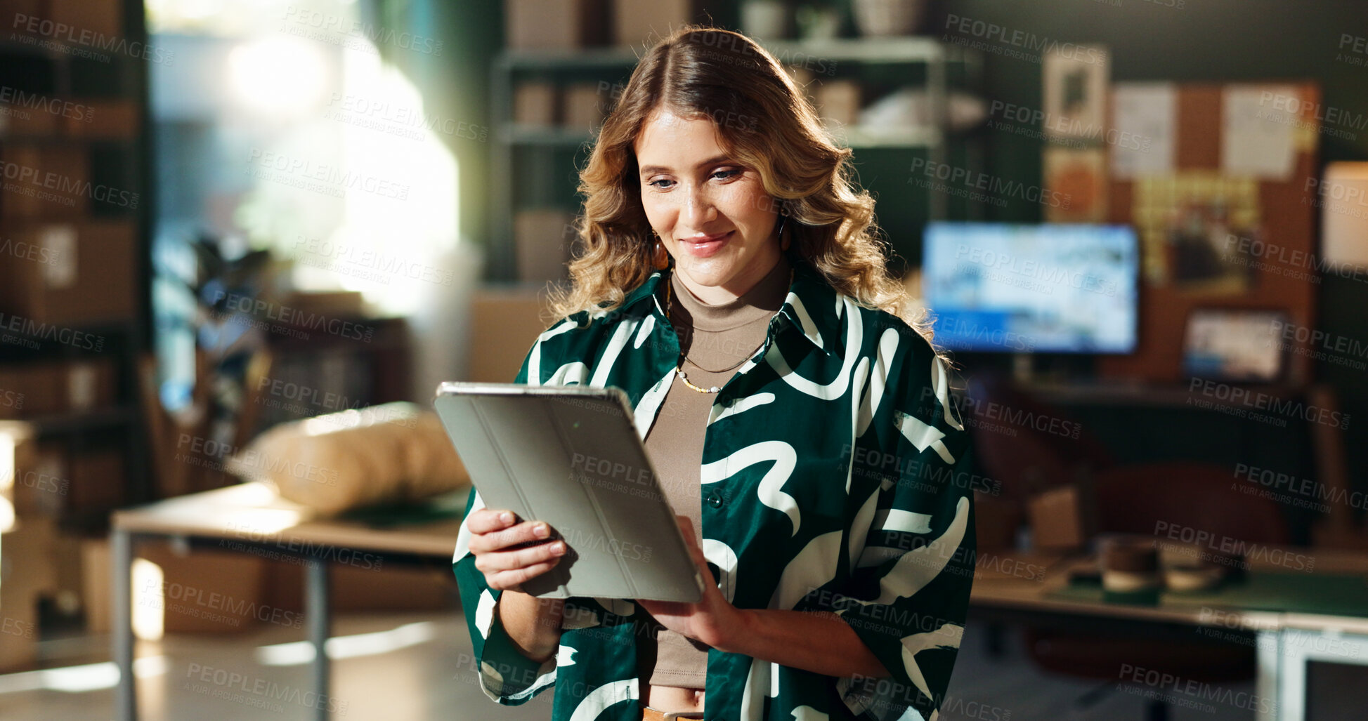 Buy stock photo Tablet, search and woman in creative small business with ecommerce, networking and dropshipping. Smile, designer and entrepreneur in office on digital app, online order management or delivery boxes