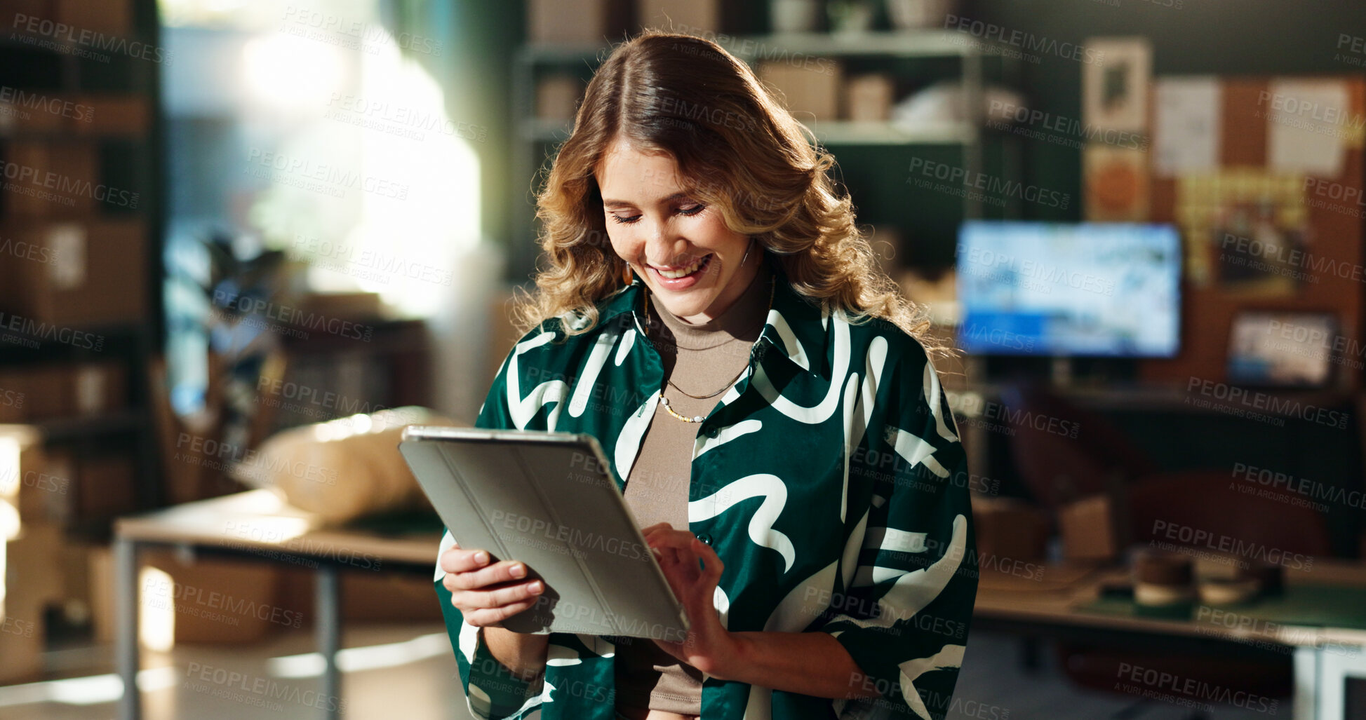 Buy stock photo Tablet, search and happy woman in creative small business with ecommerce, laugh and dropshipping. Smile, designer and entrepreneur in office on digital app, online order management or delivery boxes