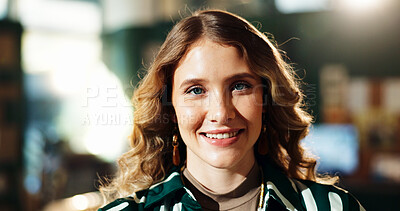 Buy stock photo Portrait, creative and happy business woman, journalist reporter and writer in publication office. Face, startup and smile with professional news editor, author or confident columnist in Switzerland
