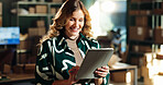 Small business, happy and woman with tablet for delivery tracking, inventory management and package export. Online shop, logistics and person with order information for dropshipping and supply chain