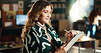 Store, small business and woman writing on tablet for inventory management, online planning or digital receipt. Dropshipping, stylus or supply chain checklist for ecommerce, delivery invoice or order