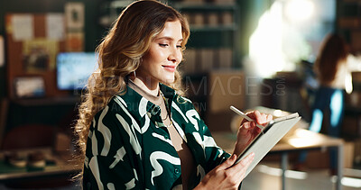 Buy stock photo Store, small business and woman writing on tablet for inventory management, online planning or digital receipt. Dropshipping, stylus or supply chain checklist for ecommerce, delivery invoice or order