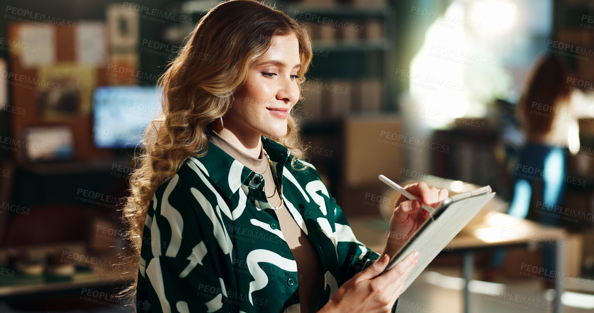 Buy stock photo Store, small business and woman writing on tablet for inventory management, online planning or digital receipt. Dropshipping, stylus or supply chain checklist for ecommerce, delivery invoice or order