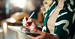 Hands, small business or woman writing on tablet for inventory management, online order or digital receipt. Logistics, person or supply chain checklist for ecommerce, delivery invoice or distribution