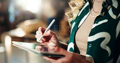 Buy stock photo Hands, small business or woman writing on tablet for inventory management, online order or digital receipt. Logistics, person or supply chain checklist for ecommerce, delivery invoice or distribution