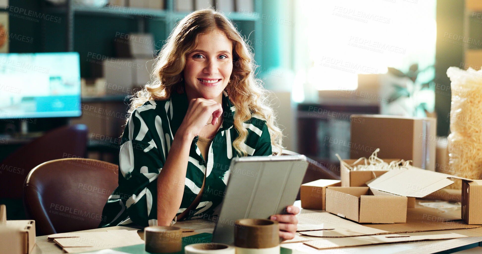 Buy stock photo Tablet, portrait and happy woman in creative small business with ecommerce, confidence and dropshipping. Smile, designer and person in office on digital app, online order management or delivery boxes