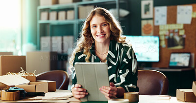 Buy stock photo Tablet, portrait and woman in creative small business with ecommerce, confidence and dropshipping. Smile, designer and entrepreneur in office on digital app, online order management or delivery boxes