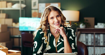 Buy stock photo Boxes, logistics and portrait with woman in office for delivery or shipping management. Laptop, smile and supply chain with happy person in depot or warehouse for ecommerce schedule or tracking