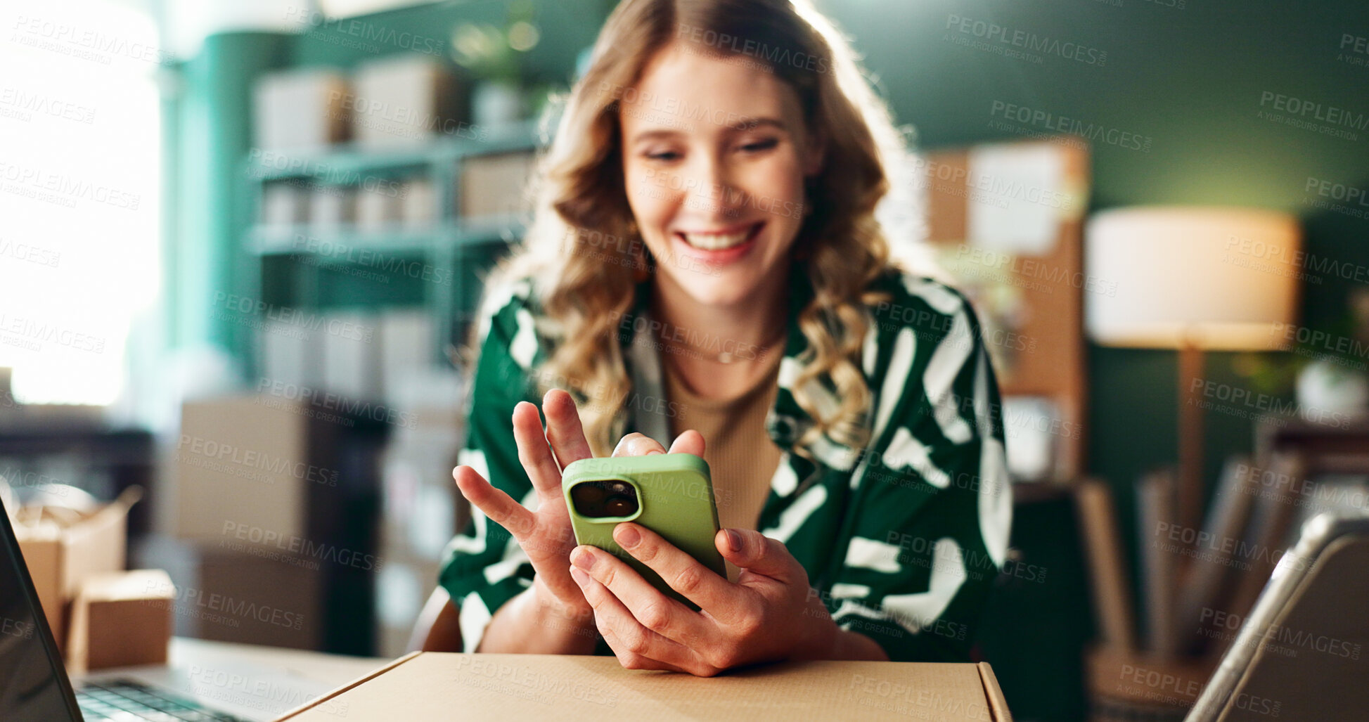 Buy stock photo Ecommerce box, hands and woman with phone at small business for online order, delivery planning or supply chain. Distribution, owner or mobile app typing for dropshipping schedule or tracking package