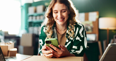 Buy stock photo Online shop, box and hands of woman with phone at small business for client communication and delivery planning. Ecommerce, startup owner or happy with mobile app for dropshipping or tracking package