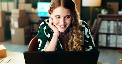 Buy stock photo Online shop, woman and reading laptop at small business for inventory management, delivery tracking or supply chain. Ecommerce, startup owner or digital app for logistics feedback and website reviews