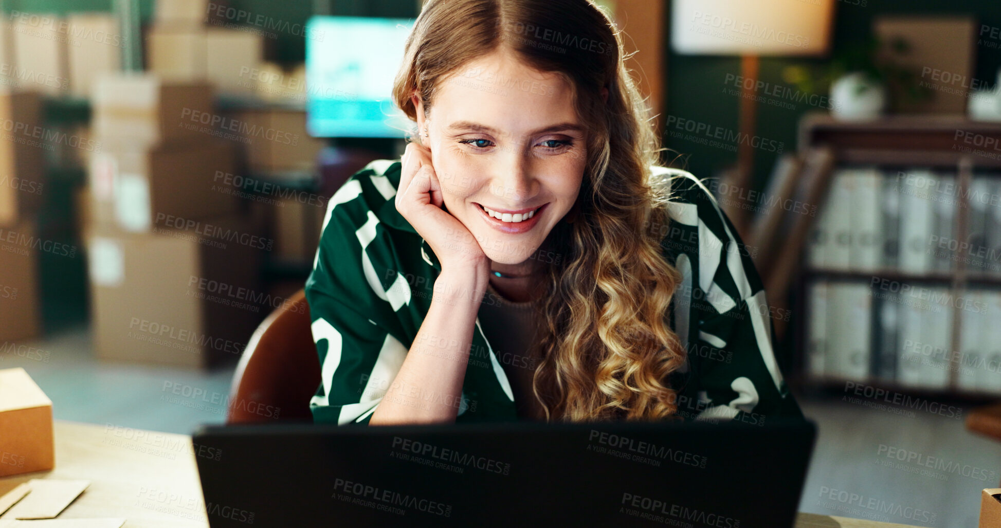 Buy stock photo Online shop, woman and reading laptop at small business for inventory management, delivery tracking or supply chain. Ecommerce, startup owner or digital app for logistics feedback and website reviews