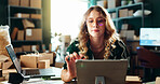 Shipping, small business or woman typing on tablet for inventory management, package export or digital receipt. Online shop, logistics or person with checklist for ecommerce, delivery or supply chain