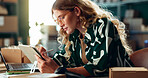 Logistics, small business and woman writing on tablet for package shipment, online order and courier service. Stylus, dropshipping and person with checklist for ecommerce, distribution and planning