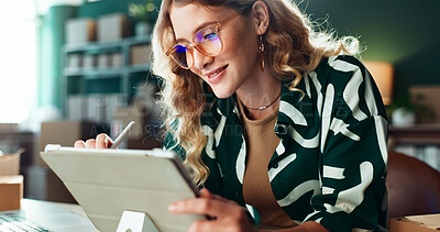 Buy stock photo Logistics, online order and tablet with woman in office for delivery or shipping schedule. App, pen and supply chain with person at desk in distribution depot or warehouse for ecommerce tracking