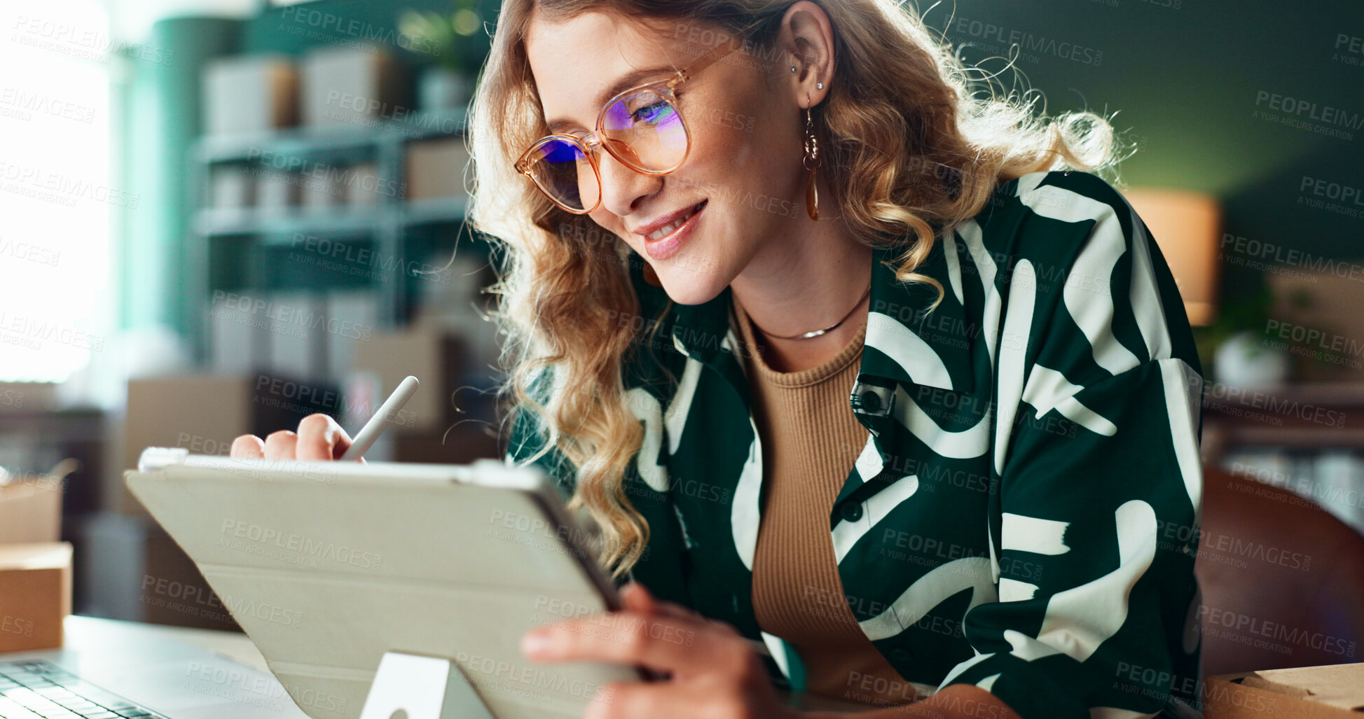 Buy stock photo Logistics, online order and tablet with woman in office for delivery or shipping schedule. App, pen and supply chain with person at desk in distribution depot or warehouse for ecommerce tracking