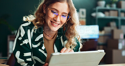 Buy stock photo Happy, online shop and woman in logistics with tablet for package tracking, dropshipping or courier service. Ecommerce, small business owner or digital checklist for inventory management and shipping